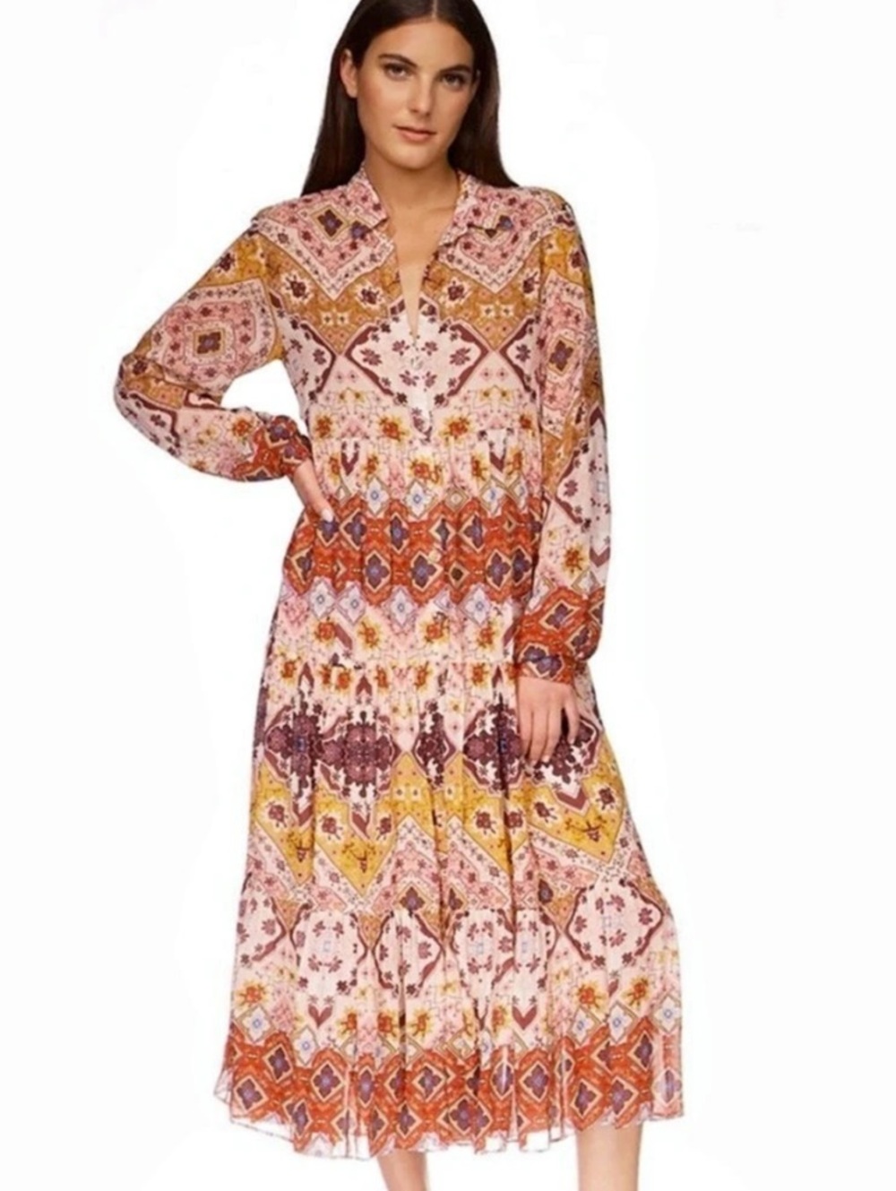 Cara Cara Lolan Printed Long Sleeve Midi Dress XL Like New